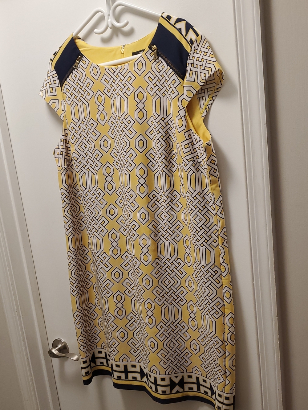 Printed Yellow Geometric Midi Dress with Navy Accents